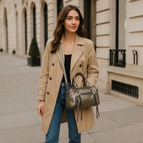 🆕 Botkier Logan Convertible Leather Boston Satchel Bag in Metallic Pewter - Picture 9 of 10